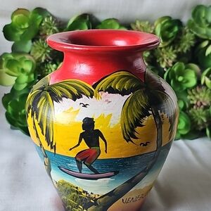 Venezuela Native Pottery Vase Hand-Painted Red Tropical Surf Beach Design